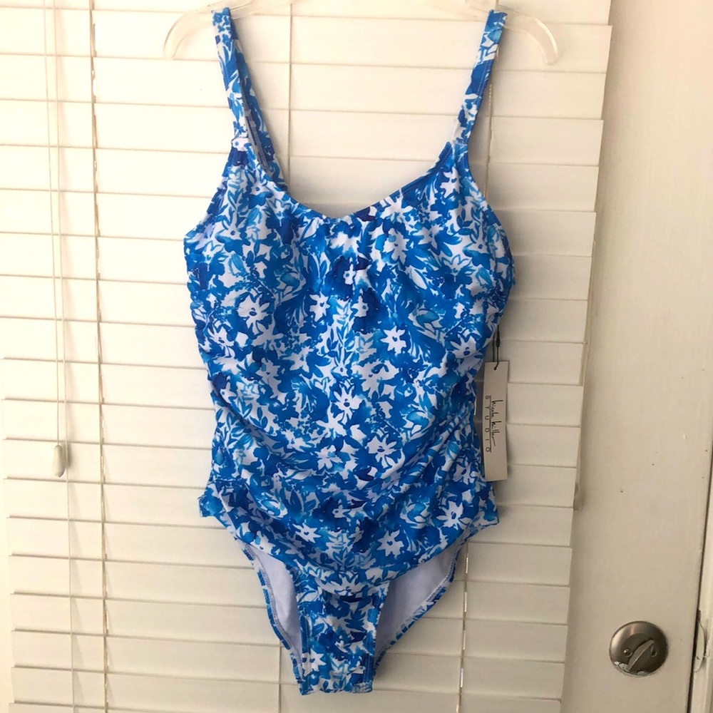 Nicole Miller Studio Swimsuit One Piece Blue White Floral SZ M NWT